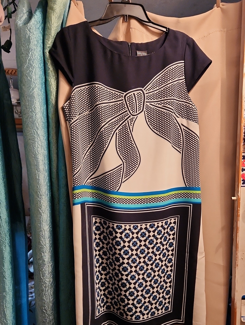 Gabby Skye Navy and Cream Midi Dress with Graphic Bow